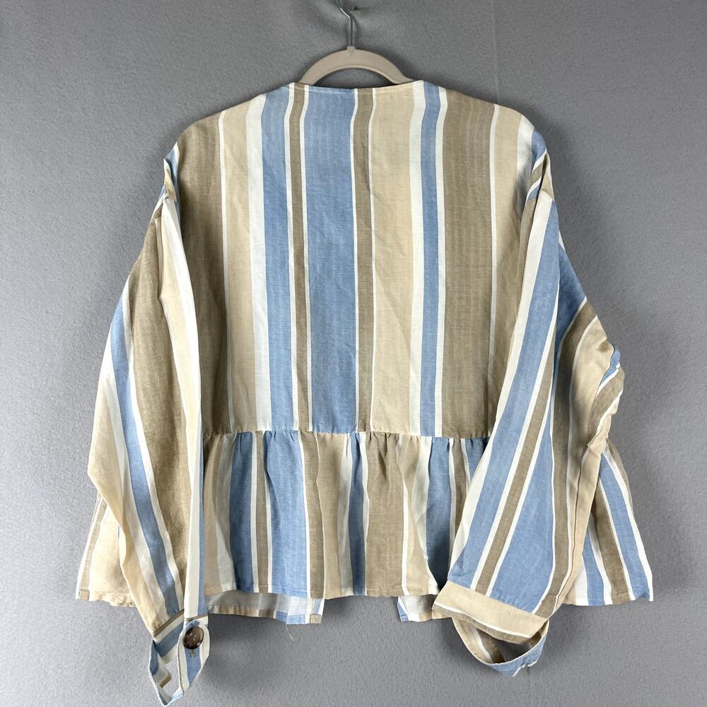 Zara Jacket Womens Large Striped Blue Linen BlendOpen Front Peplum Coastal NWT - Picture 11 of 16